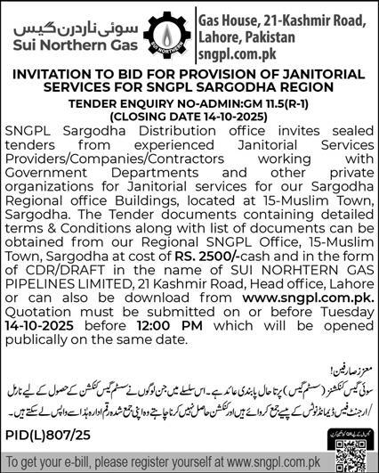 Sui Northern Gas Company Limited Lahore Tender Notice